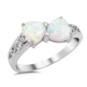 Heart Pair White Lab Opal Promise Ring New .925 Sterling Silver Band Sizes 4-12