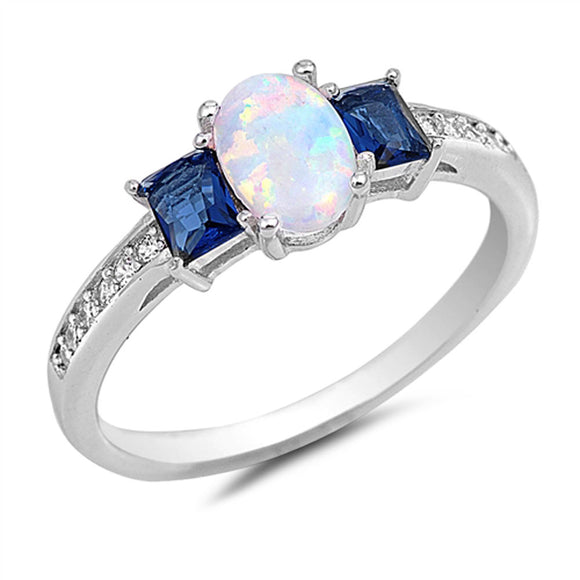 Blue Sapphire CZ White Lab Opal Ring New .925 Sterling Silver Band Sizes 4-10