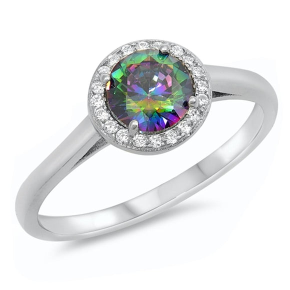 Rainbow Topaz CZ Wholesale Halo Engagement Sterling Silver Ring Sizes 4-10