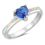 Sterling Silver Blue Sapphire CZ White Lab Opal Heart Promise Ring Sizes 5-10