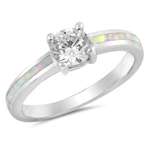 Clear CZ Solitaire White Lab Opal Ring New .925 Sterling Silver Band Sizes 5-10