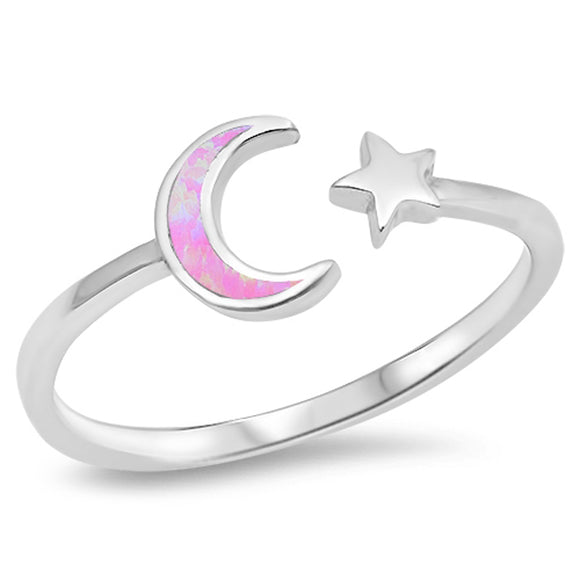 Pink Lab Opal Moon Star Adjustable Ring Sterling Silver 925 Sizes 3-13