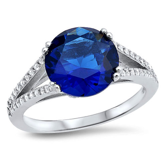 Round Blue Sapphire CZ Solitaire Ring New .925 Sterling Silver Band Sizes 5-10