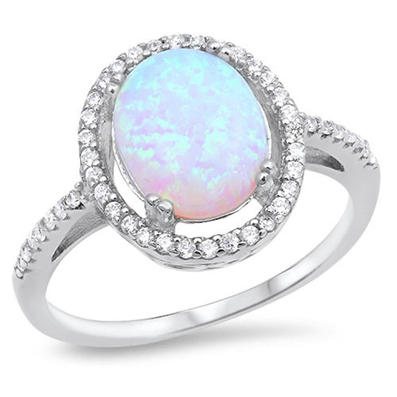 Clear CZ White Lab Opal Halo Wedding Ring .925 Sterling Silver Band Sizes 5-10