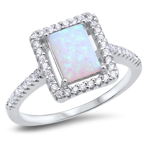 Clear CZ Halo White Lab Opal Rectangle Ring .925 Sterling Silver Band Sizes 5-10