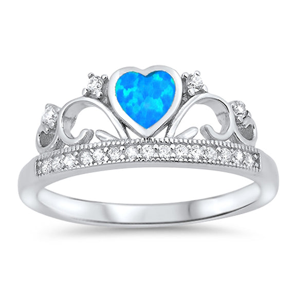 Blue Lab Opal Heart Tiara Crown Promise Ring 925 Sterling Silver Band Sizes 4-12