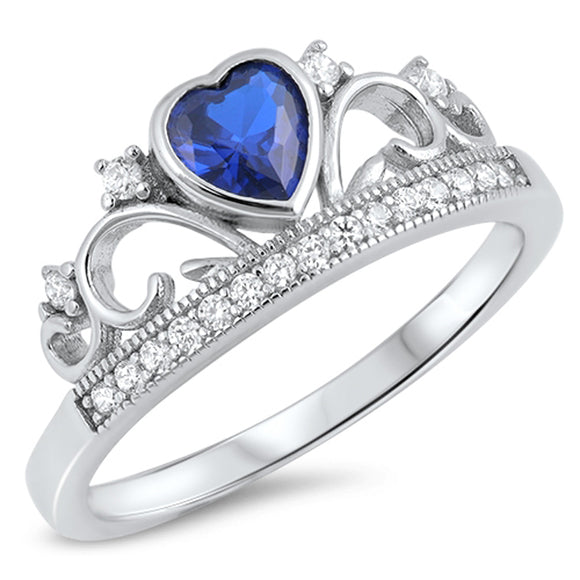 Blue Sapphire CZ Heart Promise Ring Sterling Silver Tiara Crown Band Sizes 4-12