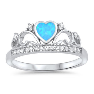 Blue Lab Opal Heart Tiara Crown Promise Ring 925 Sterling Silver Band Sizes 4-12