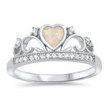 White Lab Opal Heart Tiara Crown Promise Ring Sterling Silver Band Sizes 4-12