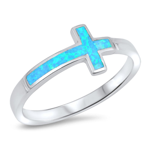 Blue Lab Opal Sideways Cross Ring .925 Sterling Silver Christian Band Sizes 4-12