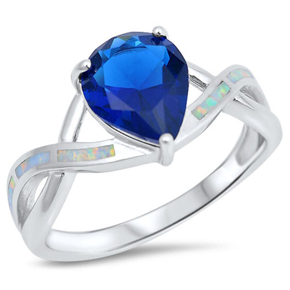 Large Blue Sapphire CZ Infinity White Lab Opal Sterling Silver Ring Sizes 5-10