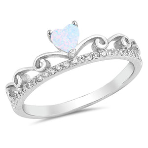 Clear CZ White Lab Opal Heart Tiara Ring .925 Sterling Silver Band Sizes 4-10