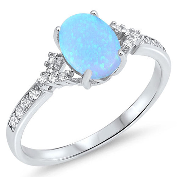 Clear CZ Oval Blue Lab Opal Fashion Ring .925 Sterling Silver Band Sizes 4-10