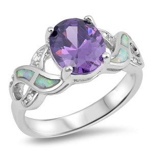 Sterling Silver Oval Amethyst CZ White Lab Opal Infinity Knot Ring Sizes 5-10