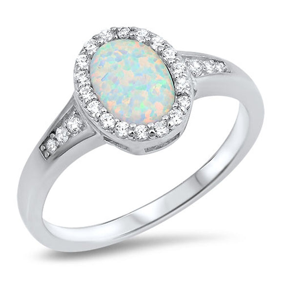 Clear CZ Oval White Lab Opal Halo Ring New .925 Sterling Silver Band Sizes 4-10