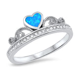 Blue Lab Opal Heart Tiara Crown Promise Ring 925 Sterling Silver Band Sizes 4-10