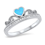 Blue Lab Opal Heart Tiara Crown Promise Ring 925 Sterling Silver Band Sizes 4-10