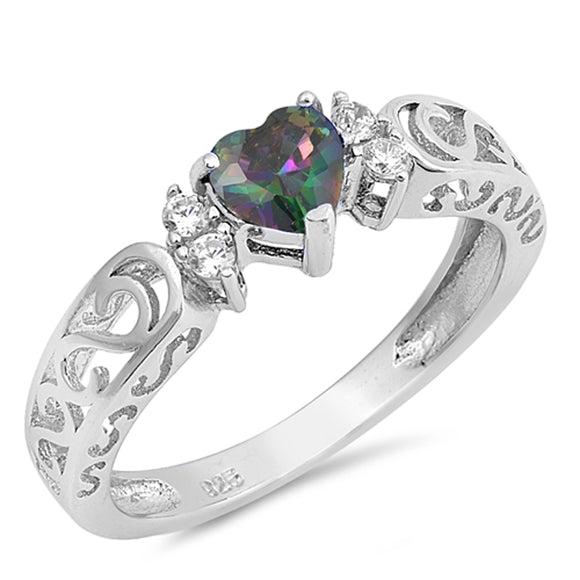 Rainbow Topaz CZ Filigree Swirl Love Heart Sterling Silver Ring Sizes 4-10