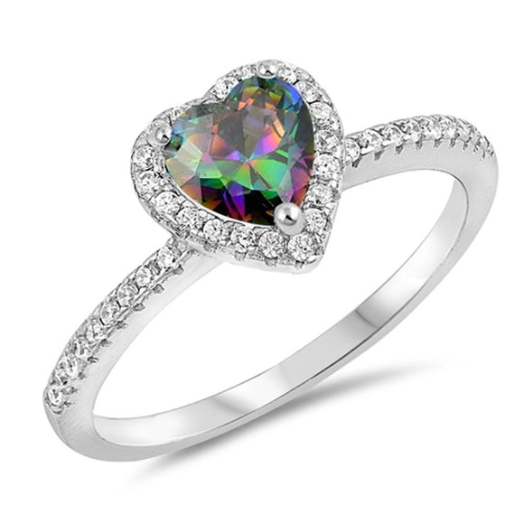 Promise Rainbow Topaz CZ Halo Heart Ring .925 Sterling Silver Band Sizes 4-10