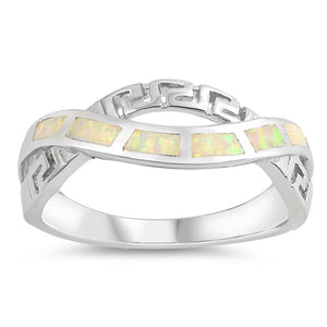 White Lab Opal Greek Key Criss Cross Knot Ring Sterling Silver Band Sizes 5-10