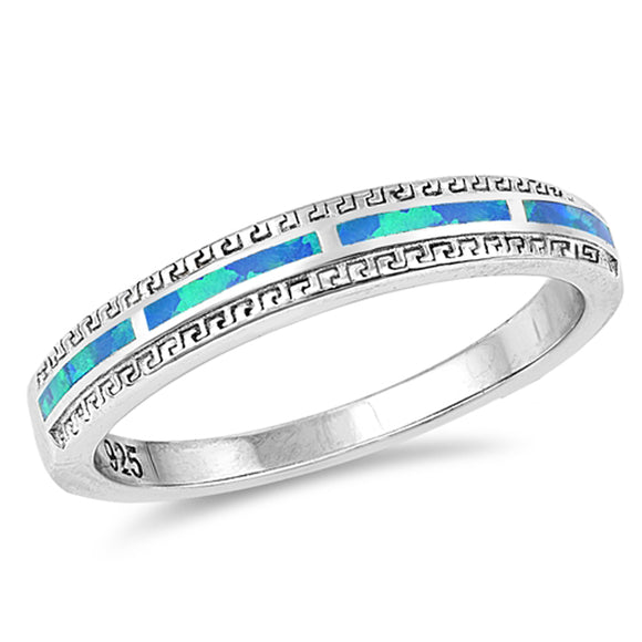 Blue Lab Opal Greek Key Fire Inlay Wedding Ring Sterling Silver Band Sizes 5-10