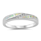 White Lab Opal Fire Inlay Midi Cute Ring .925 Sterling Silver Band Sizes 5-10