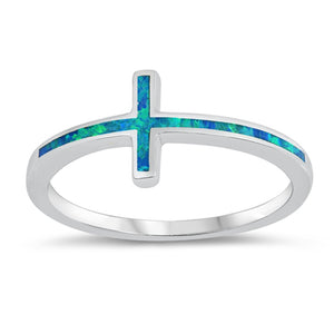 Blue Lab Opal Sideways Cross Christian Ring .925 Sterling Silver Band Sizes 4-10