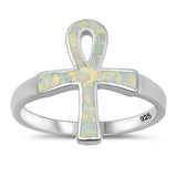 White Lab Opal Ankh Wide Large Ring .925 Sterling Silver Fire Band Sizes 4-10