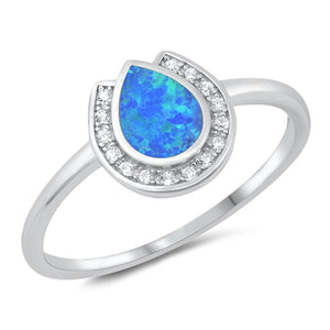 Clear CZ Blue Lab Opal Horseshoe Teardrop Sterling Silver Ring Sizes 5-10