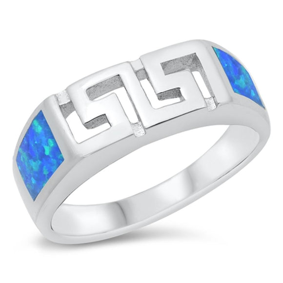 Greek Key Mosaic Ring Blue Lab Opal New .925 Sterling Silver Band Sizes 5-10