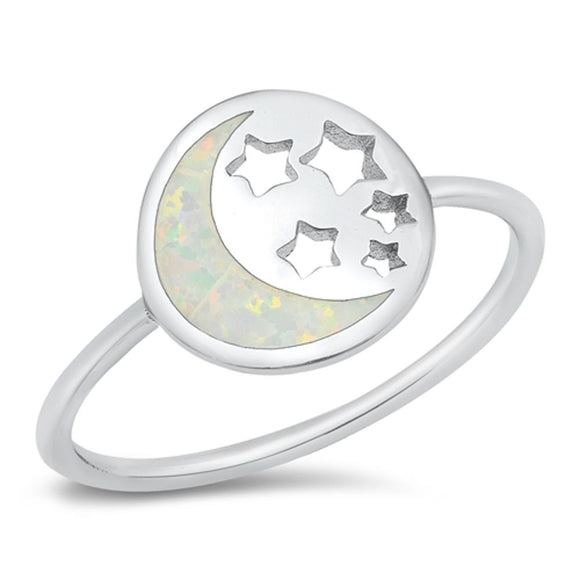 Stars Moon White Lab Opal Fashion Ring New .925 Sterling Silver Band Sizes 4-10