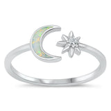 White Lab Opal Polished Star Moon Ring New .925 Sterling Silver Band Sizes 5-10