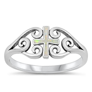 Sterling Silver White Lab Opal Cross Ring