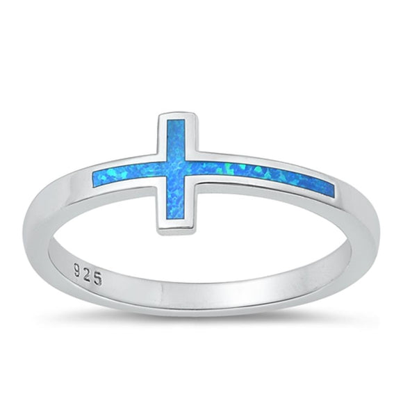 Sterling Silver Blue Lab Opal Cross Ring