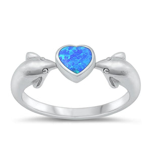 Sterling Silver Blue Lab Opal Heart Dolphin Ring