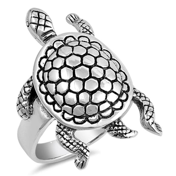 Oxidized Hawaiian Sea Turtle Swimming Ring .925 Sterling Silver Band Sizes 5-10