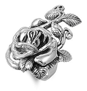 Wide Rose Floral Leaf Flower Antiqued Ring .925 Sterling Silver Band Sizes 6-10