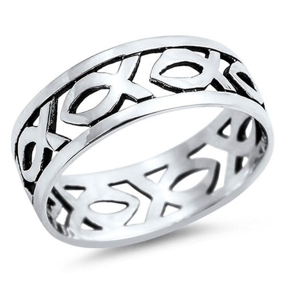 Sterling Silver Woman's Ichthys Ring Fashion 925 Band 9mm Sizes 5-13