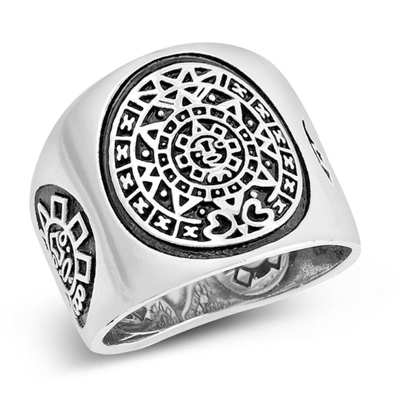 Sterling Silver Men's Aztec Calendar Ring Wholesale 925 Band 19mm Sizes 7-15