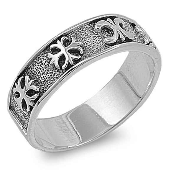 Oxidized Fleur De Lis Cross Hammered Ring .925 Sterling Silver Band Sizes 6-14