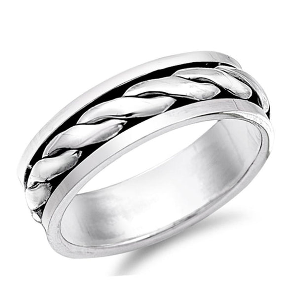 Sterling Silver Men's Braided Rope Spinner Ring Unique 925 Band 7mm Sizes 5-15