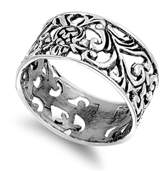 Oxidized Filigree Floral Leaf Flower Ring .925 Sterling Silver Band Sizes 4-12