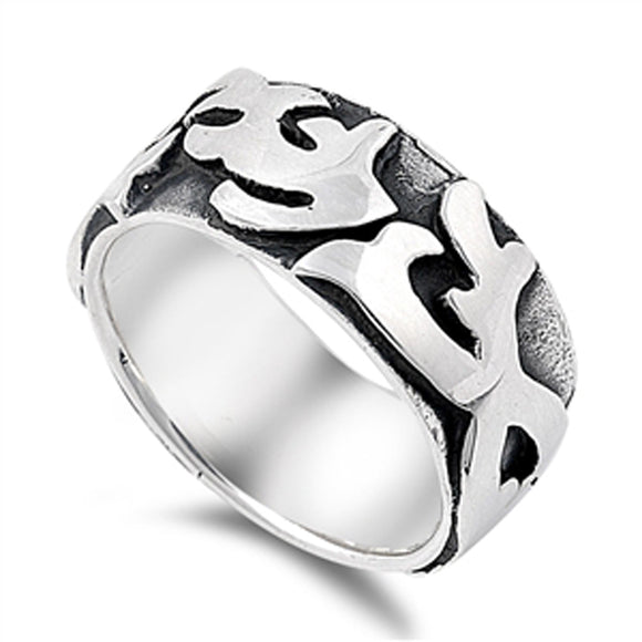 Tribal Oxidized Raised Symbol Wide Ring New .925 Sterling Silver Band Sizes 5-14