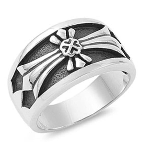 Black Antiqued Carved Christian Cross Ring .925 Sterling Silver Band Sizes 6-13