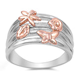 Rose Gold-Tone Dragonfly Butterfly Flower Ring Sterling Silver Band Sizes 6-10