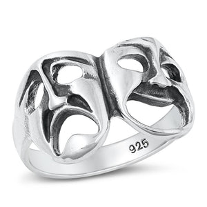 Tragedy Mask Drama Theatre Smile Sad Ring .925 Sterling Silver Band Sizes 5-12