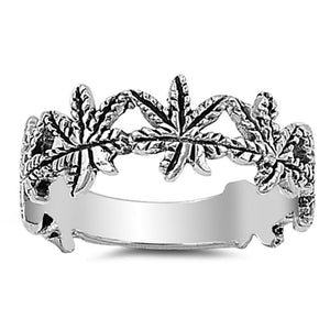 Marijuana Leaf Weed Ring .925 Sterling Silver Plant of Longevity Band Sizes 5-10