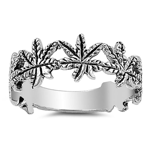 Marijuana Leaf Weed Ring .925 Sterling Silver Plant of Longevity Band Sizes 5-10