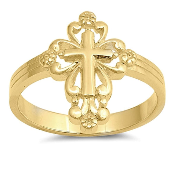 Gold-Tone Victorian Cross Christian Ring New 925 Sterling Silver Band Sizes 5-10