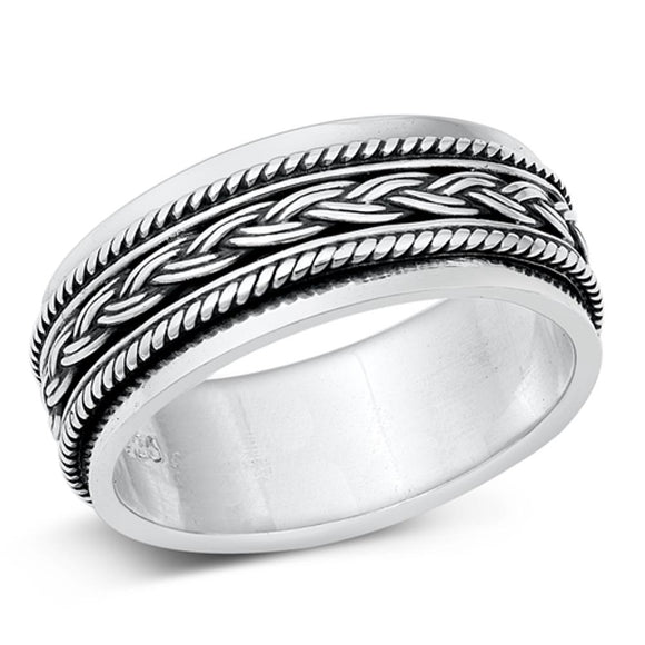 Spinner Weave Rope Wide Wedding Ring .925 Sterling Silver Band Sizes 7-13